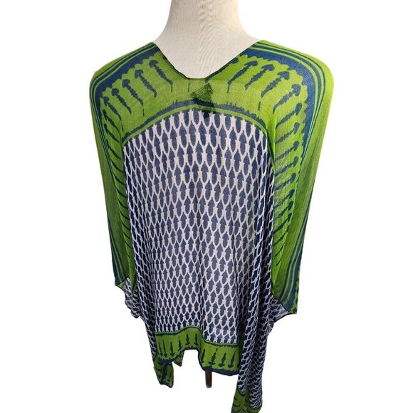 Roffe Sheer Viscose Butterfly Poncho Top Women OS Swim Cover Up Blue Green VNeck - Picture 4 of 7
